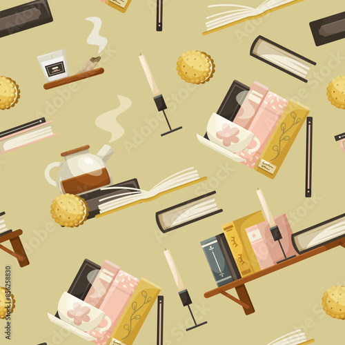 Illustrated pattern of books, tea, candles, and cookies on a beige background. Cozy and relaxing concept. Vector illustration