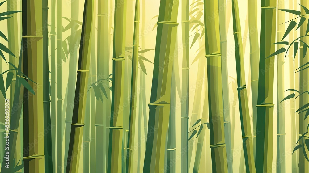 Tranquil bamboo forest with tall green stalks illuminated by soft sunlight, creating a serene and calming natural environment. Tranquil bamboo forest with tall green stalks illuminated by soft sunlight, creating a serene and calming natural environment.