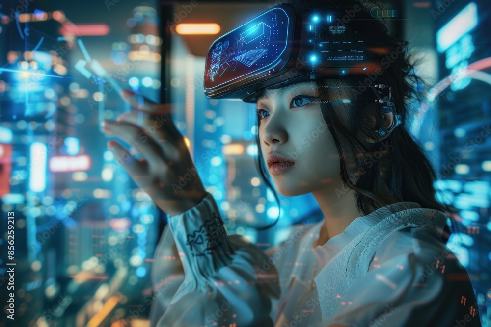 Woman exploring virtual interface with hand gestures Woman exploring virtual interface with hand gestures