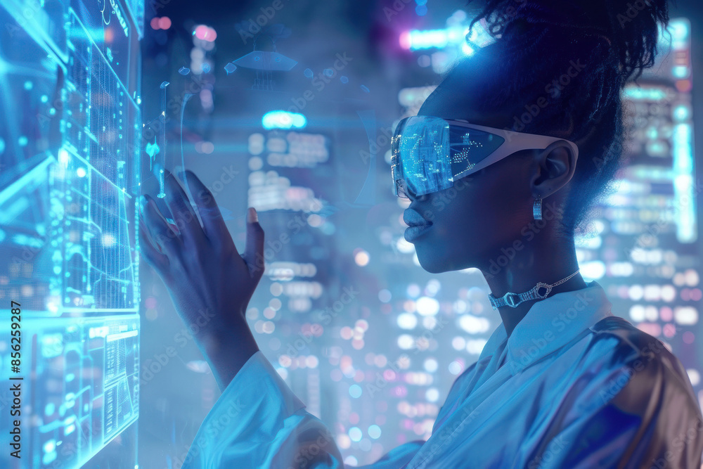 Person interacting with high-tech screen panels Person interacting with high-tech screen panels