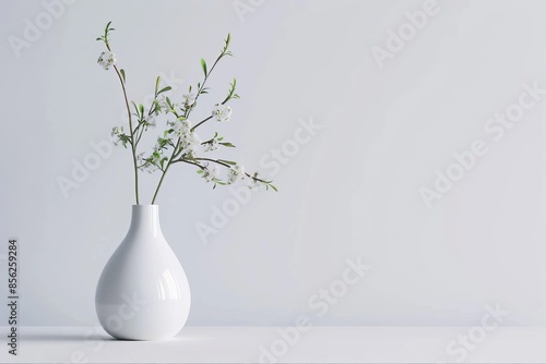 Minimalist white vase with delicate flower arrangement on a clean, white background. Perfect for interior design and decor themes.