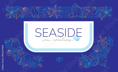 Vector frame, border, vignettes, corners of line art tropical sea elements, seashells, starfish. Doodles of marine life. Sea decor for scrapbook, card, design. Ocean creatures. Maritime illustration