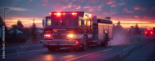 An urgent scene of a fire truck on the move with lights flashing, signaling an emergency at twilight