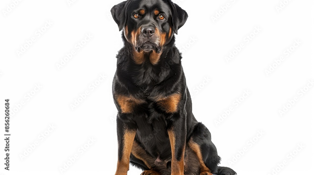 Rottweiler sitting in front of white background aged 5 Rottweiler sitting in front of white background aged 5