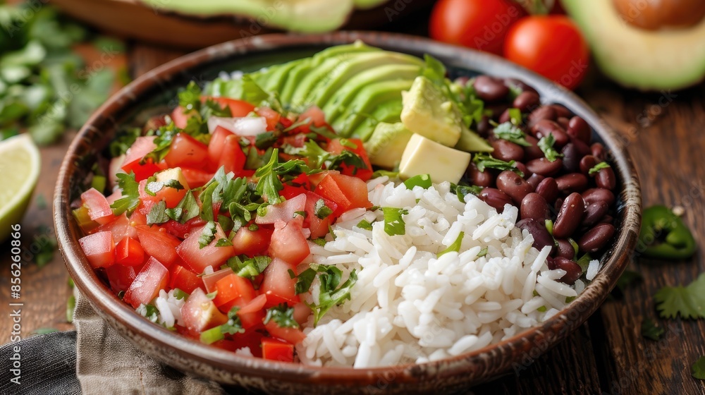 Delicious rice beans and avocado in a bowl on the table Delicious rice beans and avocado in a bowl on the table