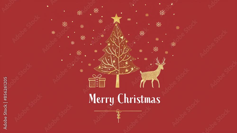 Christmas tree, deer and presents, simple golden line drawing, red background, text Christmas tree, deer and presents, simple golden line drawing, red background, text