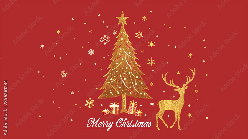 Christmas tree, deer and presents, simple golden line drawing, red background, text Christmas tree, deer and presents, simple golden line drawing, red background, text