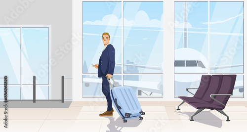 Person in airport with a suitcase, flat style, inside an airport with an airplane view. Concept of travel. Vector illustration