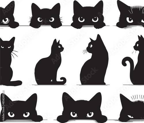 Collection of Black Cat Faces Peeking from Corners: Playful and Spying Pets - Tattoo Designs