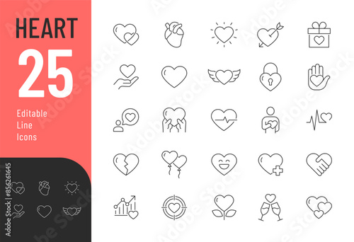 Heart Editable Icons set. Vector illustration in modern thin line style of love symbol related icons: passion, charity, life, and more. Pictograms and infographics for mobile apps.