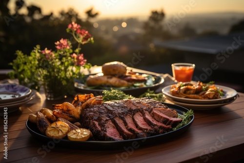 Outdoor barbecue table with picanha and beef cuts., generative IA photo