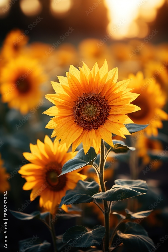 Naklejka premium Sunflowers basking in the early morning light