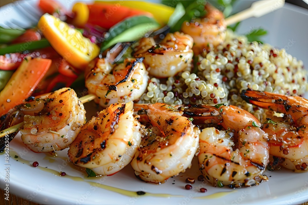 A beautifully arranged plate of grilled shrimp with a side of quinoa and vegetables A beautifully arranged plate of grilled shrimp with a side of quinoa and vegetables