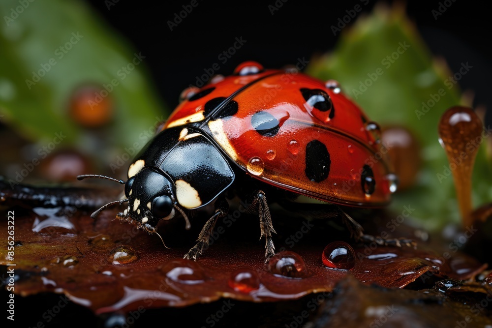 Vibrant Ladybug rests on a moving sheet., generative IA Vibrant Ladybug rests on a moving sheet., generative IA