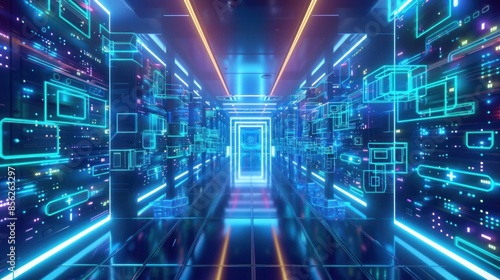 Neon Blue Corridor of Digital Data