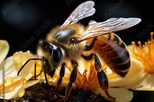 Exhausted bee over moist petals and delicate web., generative IA