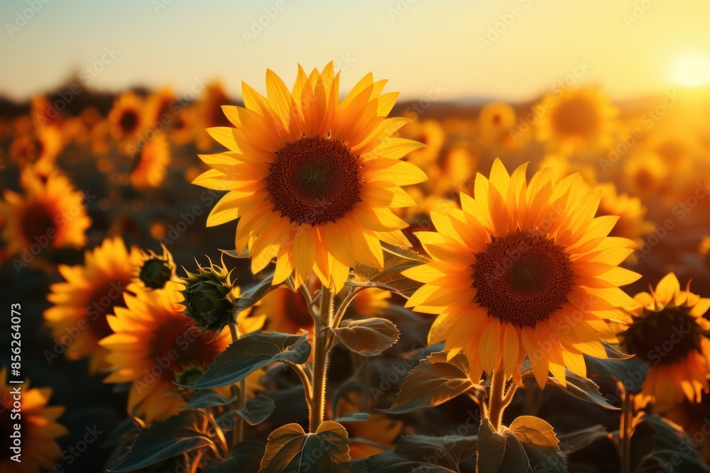 Fototapeta premium A field of sunflowers basking in the warm glow of sunrise