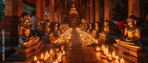 AI generator image of  
In the main hall of an ancient Thai temple, there are many four sided Buddha statues and many candles inside. Many believers kneel down devoutly photo