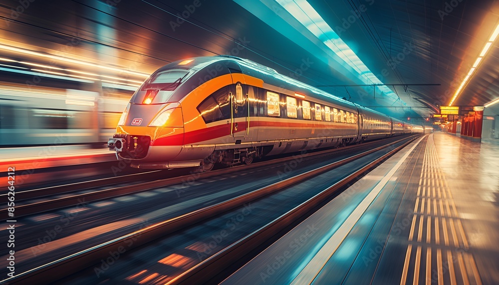 Captivating image of a high-speed train in motion as it speeds through an underground station with vibrant lighting effects Captivating image of a high-speed train in motion as it speeds through an underground station with vibrant lighting effects