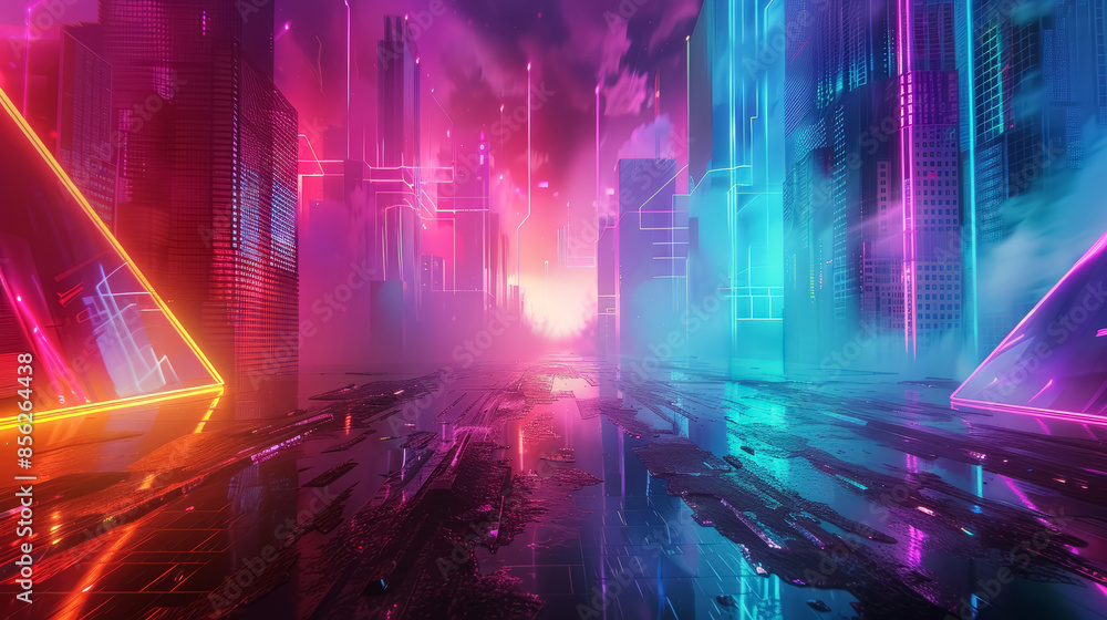 Obraz premium Empty street of the city of the future in neon light. Desktop wallpaper and background for presentations
