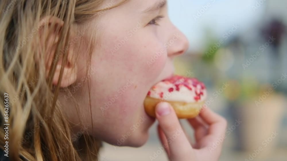 A young girl enjoys a freshly baked donut covered in a sweet strawberry glaze A young girl enjoys a freshly baked donut covered in a sweet strawberry glaze