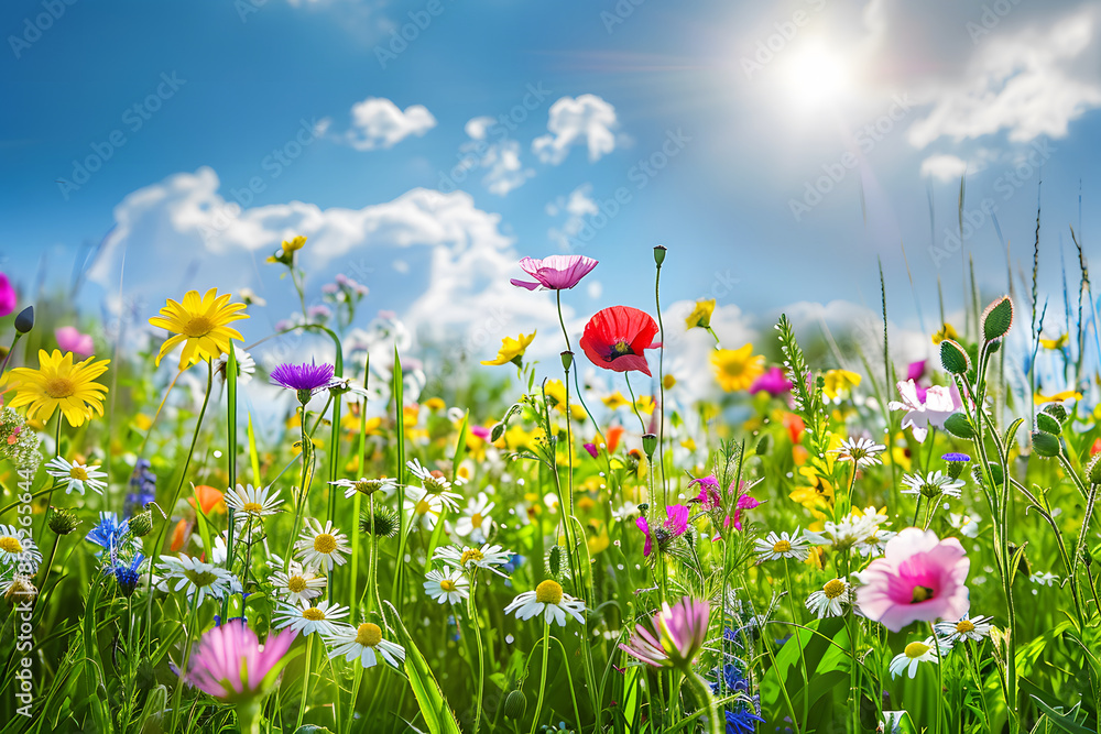 An expanse of wildflowers, like poppies and cornflowers, paints the meadow in a riot of color under a bright blue sky. An expanse of wildflowers, like poppies and cornflowers, paints the meadow in a riot of color under a bright blue sky.
