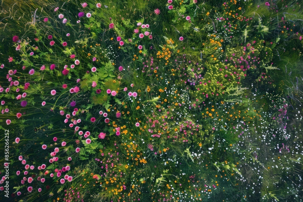 A breathtaking aerial view of a field blanketed with wildflowers, each bloom contributing to a harmonious tapestry of colors and shapes. A breathtaking aerial view of a field blanketed with wildflowers, each bloom contributing to a harmonious tapestry of colors and shapes.