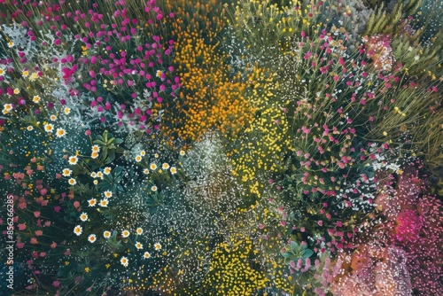 A breathtaking aerial view of a field blanketed with wildflowers, each bloom contributing to a harmonious tapestry of colors and shapes.