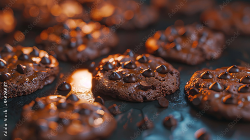 A close up of chocolate chip cookies with chocolate chips on top A close up of chocolate chip cookies with chocolate chips on top