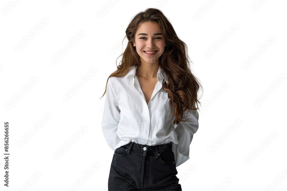 Cheerful young woman with wavy hair wearing a white blouse, smiling with arms crossed. Isolated on a white background, confident and approachable expression. Cheerful young woman with wavy hair wearing a white blouse, smiling with arms crossed. Isolated on a white background, confident and approachable expression.