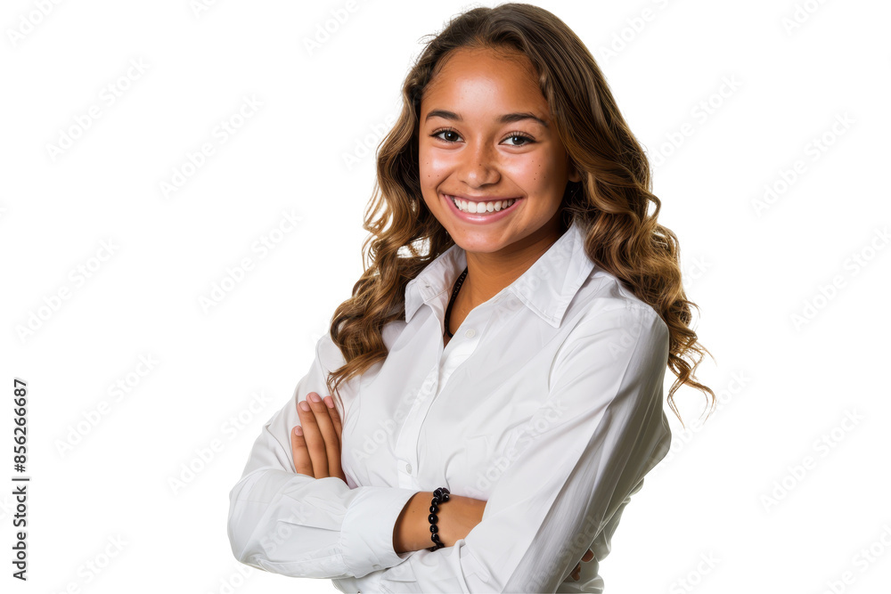 Cheerful young woman with wavy hair wearing a white blouse, smiling with arms crossed. Isolated on a white background, confident and approachable expression. Cheerful young woman with wavy hair wearing a white blouse, smiling with arms crossed. Isolated on a white background, confident and approachable expression.