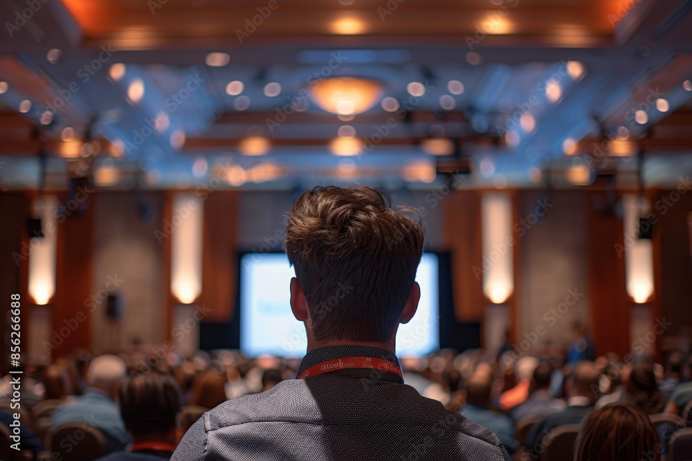 A man stands in front of a crowd of people, looking at a screen A man stands in front of a crowd of people, looking at a screen