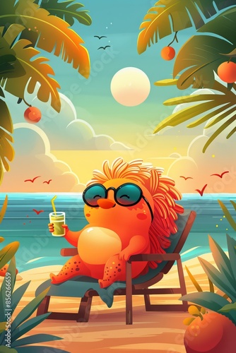 Obraz na płótnie chubby nemo fish with sunglasses drinking juice sunbathing