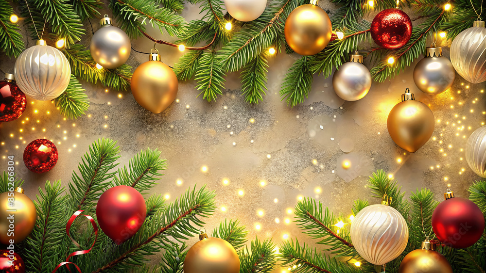 A close-up view of a festive Christmas scene with red, gold, and silver ornaments arranged around pine branches adorned with twinkling lights on a tan background A close-up view of a festive Christmas scene with red, gold, and silver ornaments arranged around pine branches adorned with twinkling lights on a tan background