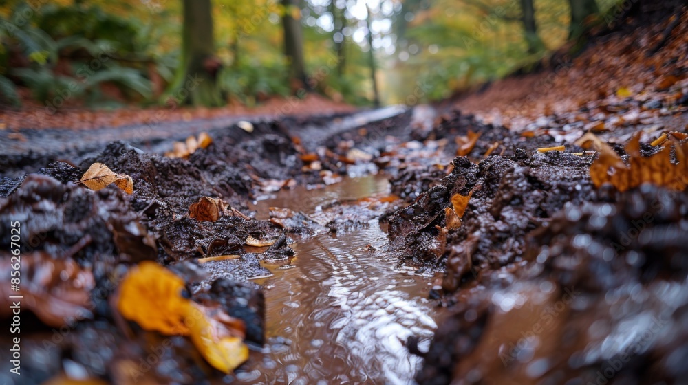 Illustrate a road closure due to flooding after heavy rain. Illustrate a road closure due to flooding after heavy rain.