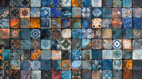 A mosaic of tiles in various colors and patterns