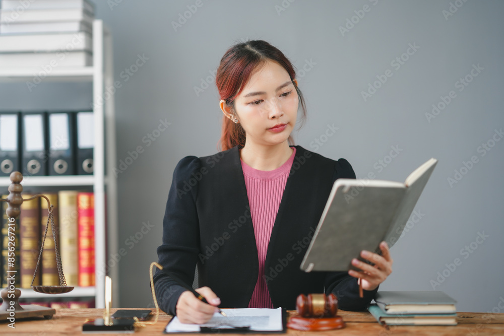 Young professional woman in office setting, reading a book and taking notes. Office environment with books and a gavel on the desk. Young professional woman in office setting, reading a book and taking notes. Office environment with books and a gavel on the desk.
