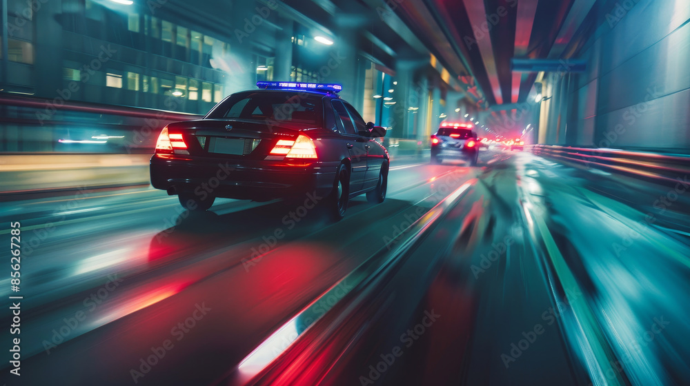 A police car is driving down a highway with other cars in the background A police car is driving down a highway with other cars in the background