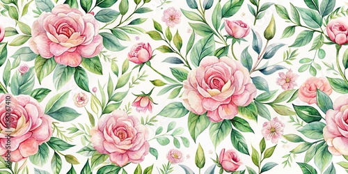Seamless watercolor floral pattern featuring pink blush flowers and green leaves branches, watercolor, floral