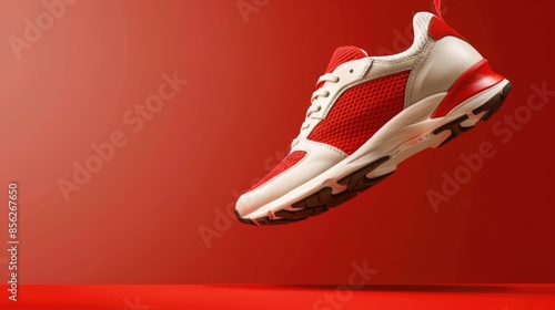 Levitating athletic shoes on red background with space for customization