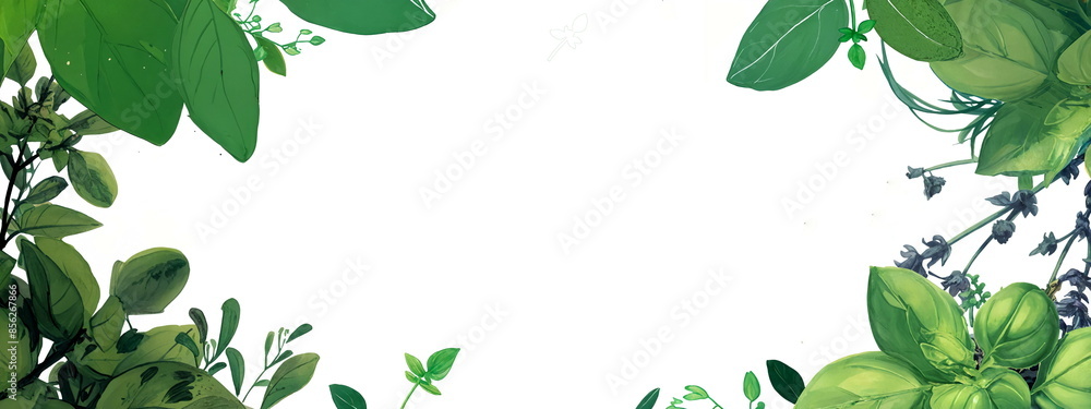 Green Basil Leaves on White Background with Ample Space, frame, herbal design, copy space, recipe display, illustration template, eco food and vegetarian diet concept Green Basil Leaves on White Background with Ample Space, frame, herbal design, copy space, recipe display, illustration template, eco food and vegetarian diet concept