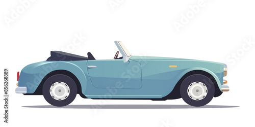 Blue convertible car illustration, flat graphic style on white background. Concept of classic vintage vehicle. Vector illustration