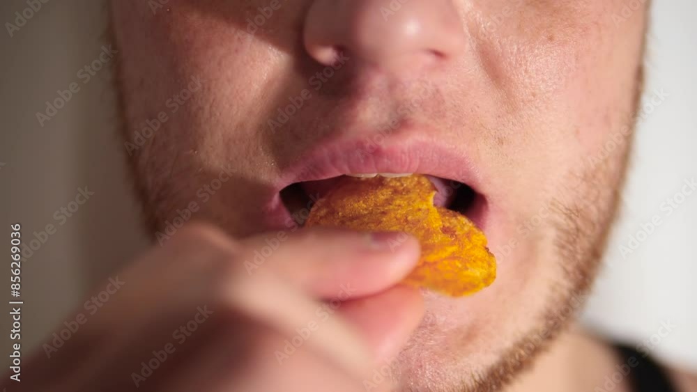 A man eats chips, close-up of his mouth, putting potato chips in his mouth, slow motion