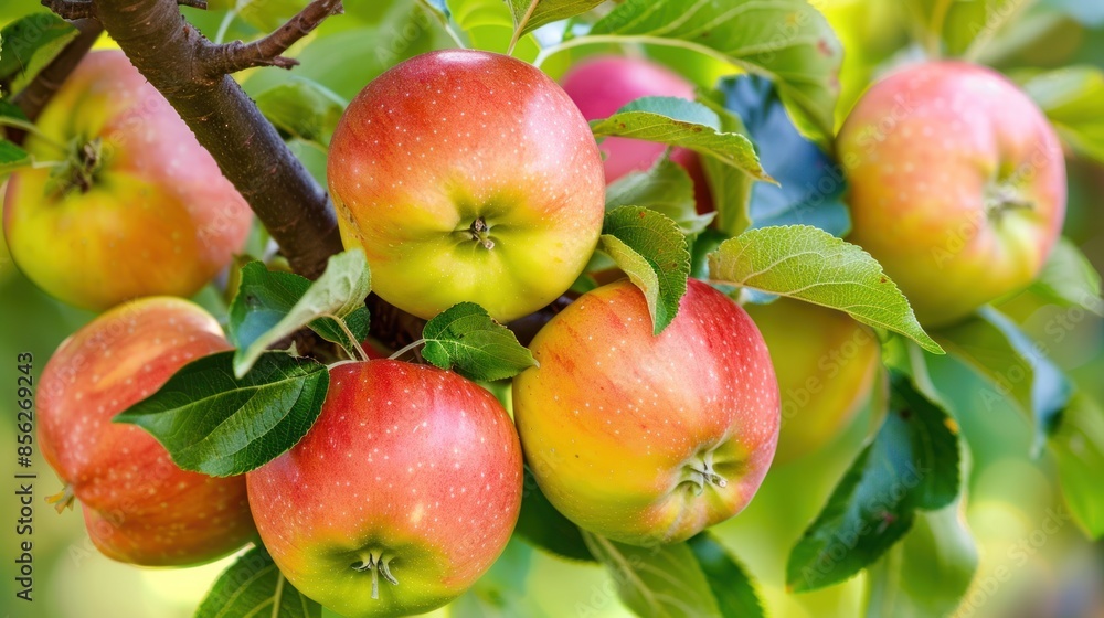 Obraz premium Shiny delicious apples hanging from a tree branch in an apple orchard