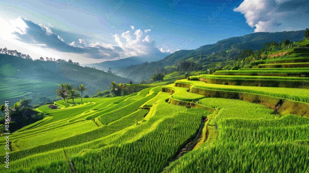 Fototapeta premium lush green rice fields with a winding river under a vibrant sunrise, serene landscape