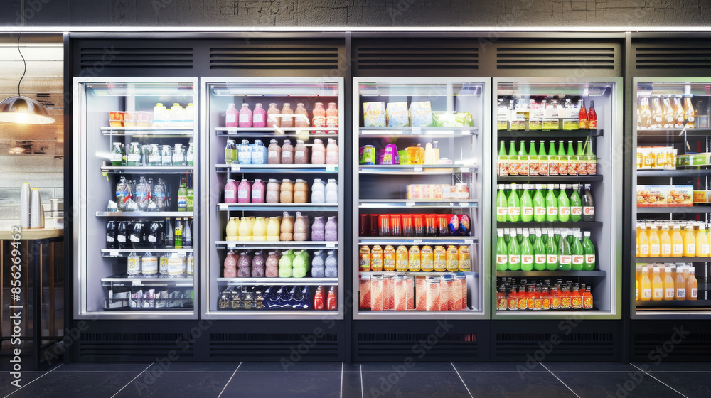 A commercial fridge in a grocery store displaying a variety of colorful beverages and snacks, perfectly aligned and inviting to shoppers. A commercial fridge in a grocery store displaying a variety of colorful beverages and snacks, perfectly aligned and inviting to shoppers.