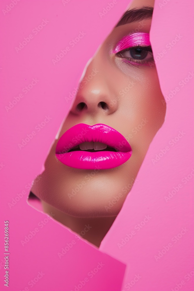 woman's face with bright pink lipstick, emerging through a pink paper cutout woman's face with bright pink lipstick, emerging through a pink paper cutout