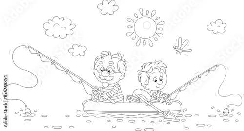 Grandpa with his happy little grandson sitting in their inflatable boat and fishing in a small lake on a beautiful sunny day of a summer vacation, black and white vector illustration for a coloring bo