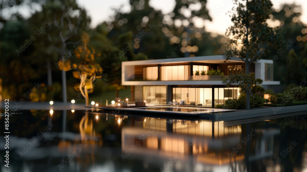 A modern, glass-walled house stands elegantly by a still, reflective lake, complemented by warm interior lighting and surrounded by lush greenery at dusk. A modern, glass-walled house stands elegantly by a still, reflective lake, complemented by warm interior lighting and surrounded by lush greenery at dusk.