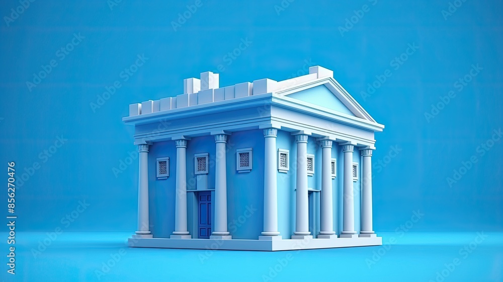 Fototapeta premium A 3D rendering of a classical bank building. The building is blue and has a white roof.